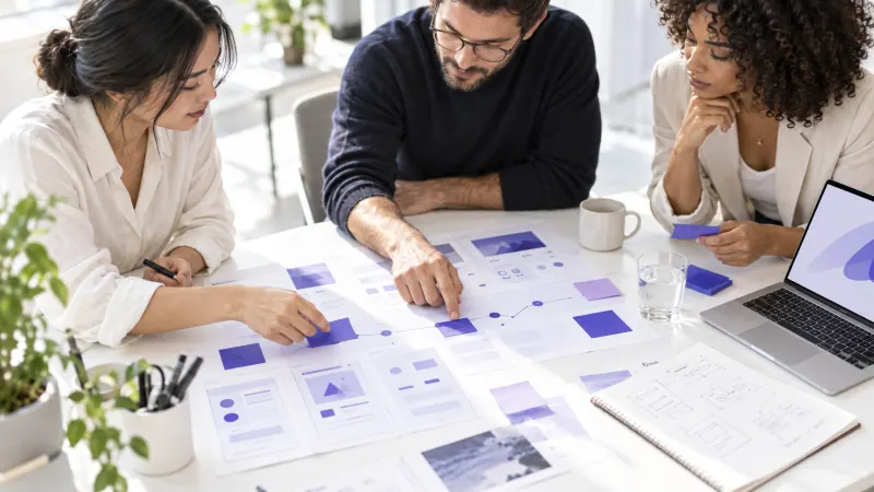 Équipe de trois personnes travaillant ensemble, dans un atelier de stratégie lumineux, sur des cartes de parcours utilisateur et des esquisses d'interface étalées sur la table