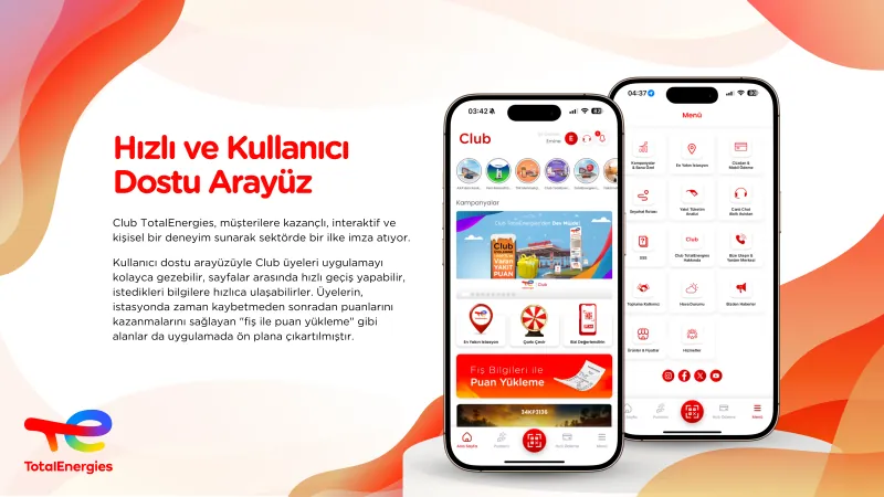 Zwei Smartphones mit Kampagnen- und Menübildschirmen der Club TotalEnergies Mobile App