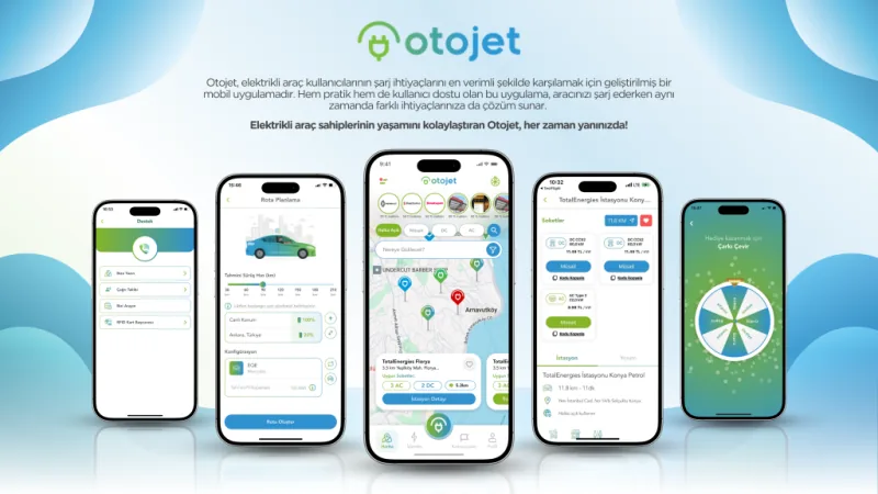 Bildschirme der otojet-App: Ladestationen auf der Karte, Routenplanung und Stationsdetails